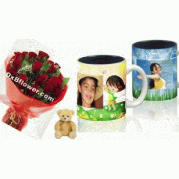 Personalized Mug with roses and teddy - by Dxb Flower